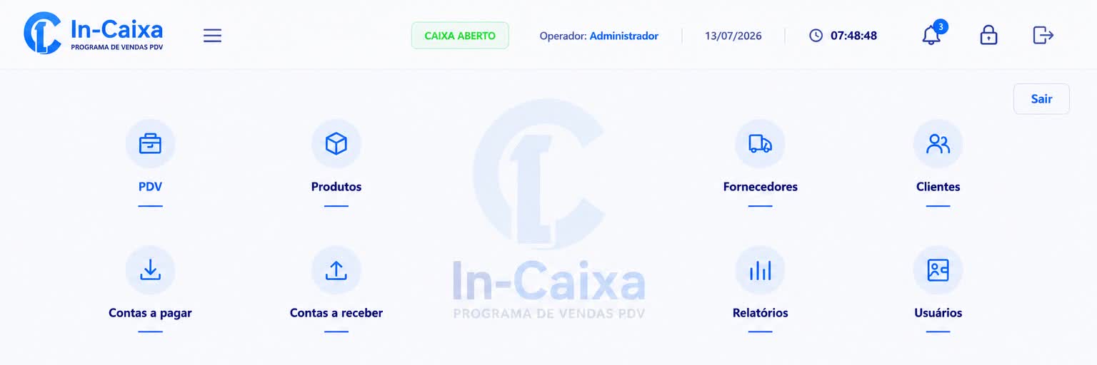 Tela inicial do IN-CAIXA em tema claro