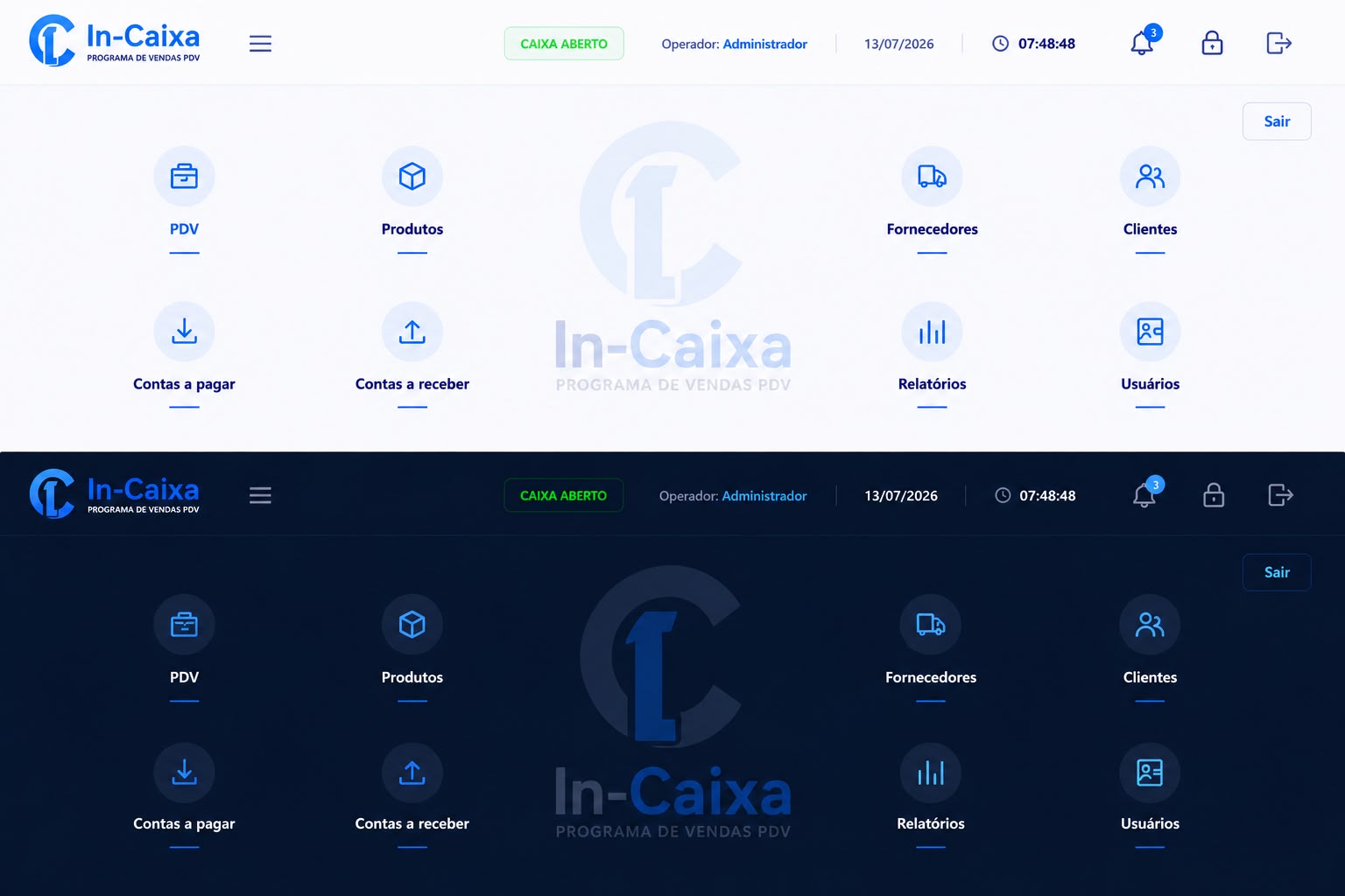 IN-CAIXA em tema claro e escuro